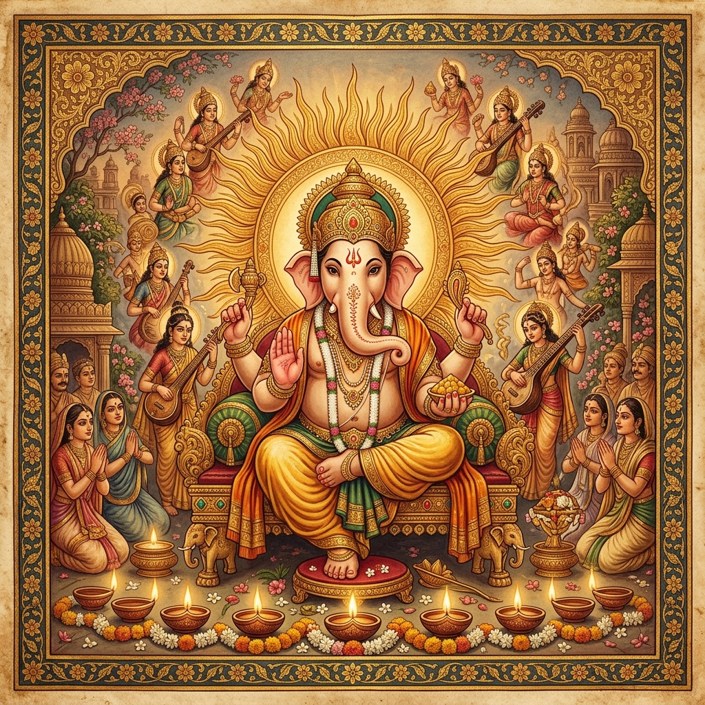 Divine Lord Ganesha with Golden Sunburst Aura and Modak