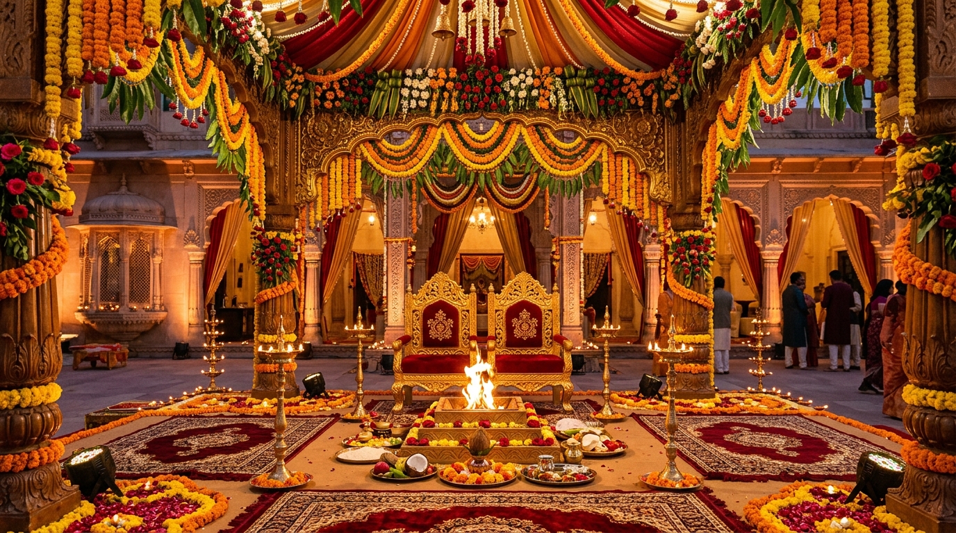 Luxurious Royal Gujarati Wedding Mandap Altar with Marigold Flowers